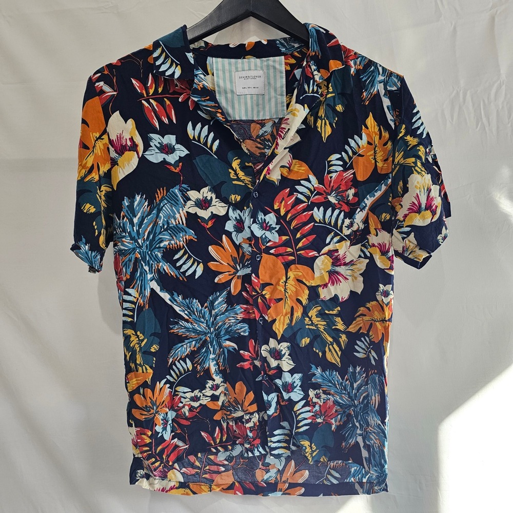Denim & Flower Ricky Singh Mens Large Tropical Floral Viscose Button Down Shirt